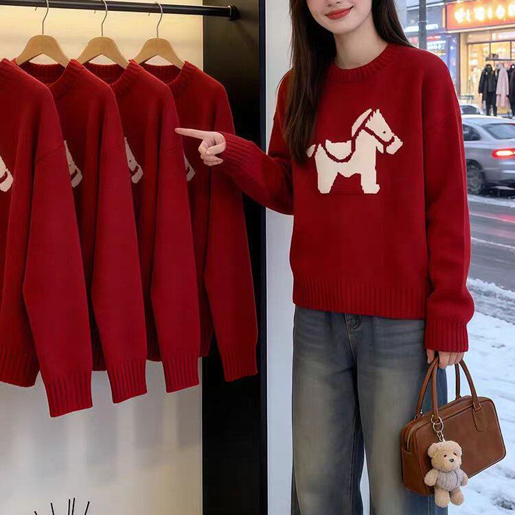 包邮包邮韩系减龄针织衫春季新款宽松慵懒风小马图案长袖软糯套头