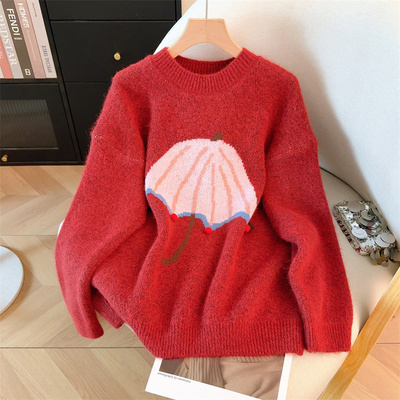 包邮包邮卡通雨伞提花红色毛衣套头女宽松秋冬厚款减龄内搭针织衫