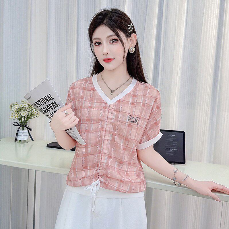 包邮2026夏季新款时尚V领抽绳短袖T恤女休闲宽松遮肉显瘦雪纺上衣