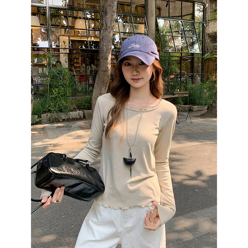 包邮包邮韩系木耳边长袖t恤女2026春装新款修身显瘦短款内搭打底