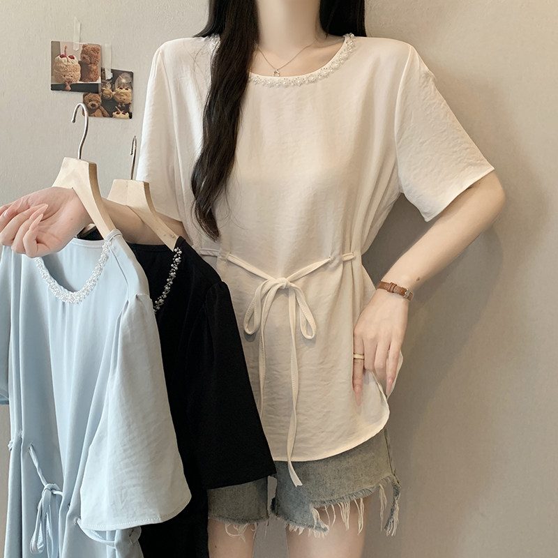 包邮2026夏装新款胖mm大码女高级感重工钉珠收腰绑带短袖小衫上衣
