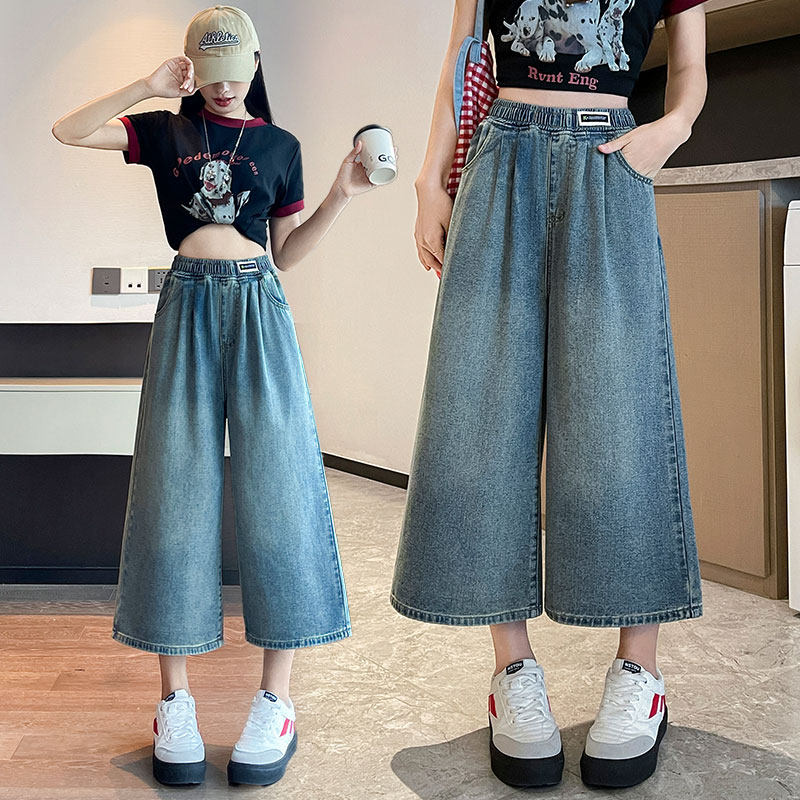 包邮 复古牛仔裤七分裤宽松紧高腰直筒阔腿显瘦加肥大码女装斤