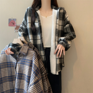 包邮实拍2024秋冬新款加绒加厚格子衬衫女胖MM显瘦长袖外套