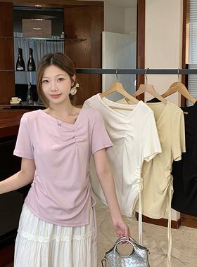 包邮2026夏装新款胖mm大码女温柔风斜领设计感不规则抽绳短袖T恤