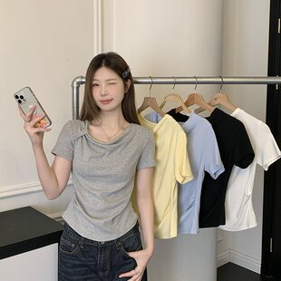 包邮 女设计感扭结纯色弧形收腰短袖 2026夏装 胖mm大码 T恤 新款