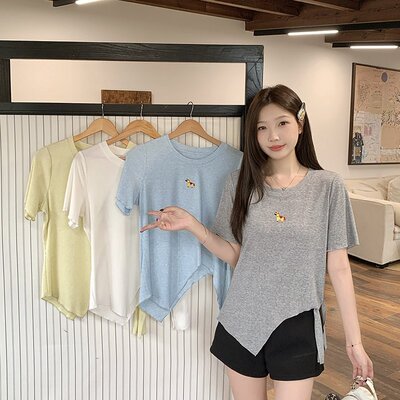 包邮2026夏装新款胖mm大码女甜美彩色小马不规则绑带圆领短袖T恤