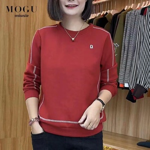 包邮包邮新款妈妈装圆领T恤女长袖绣花上衣遮肚子显瘦洋气外穿小