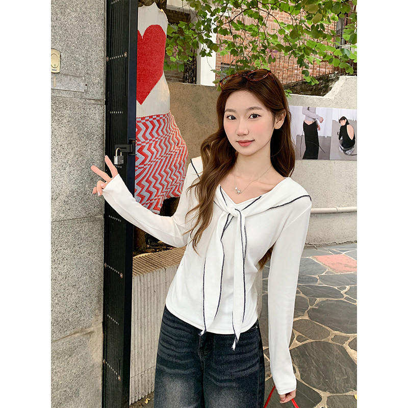 包邮包邮海军领披肩撞色长袖t恤女2026早春新款褶皱收腰显瘦减龄