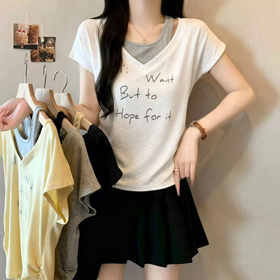 包邮2026夏装新款胖mm大码女撞色印花字母假两件短袖T恤
