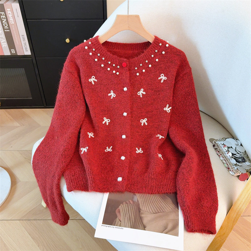 包邮包邮甜美风钉珠蝴蝶结设计针织衫女秋冬新款洋气减龄百搭显瘦