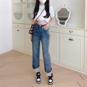 包邮大码女装拼接牛仔裤女大码胖mm百搭磨白直筒裤宽松显瘦长裤