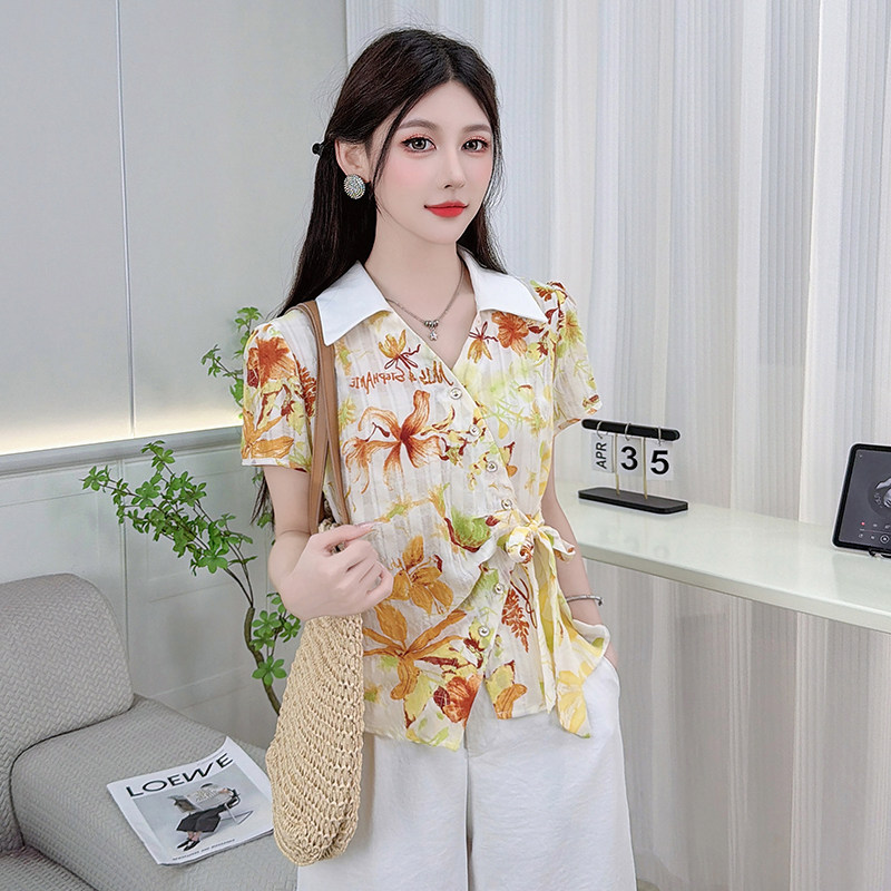 包邮包邮V领碎花衬衫女夏季新款收腰绑带短袖上衣设计感显瘦雪纺