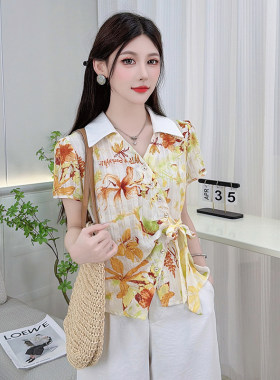 包邮包邮V领碎花衬衫女夏季新款收腰绑带短袖上衣设计感显瘦雪纺