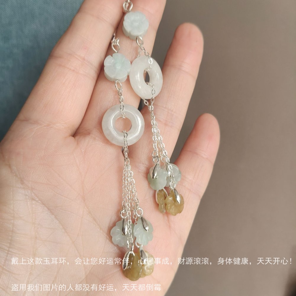 新款花开富贵圆圆满满翡翠玉耳坠百搭长款古风玉耳环纯银不过敏