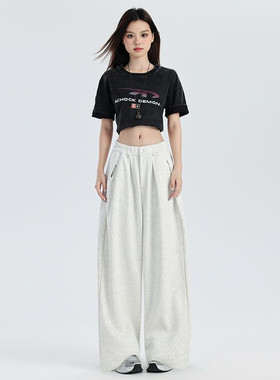 AXEF美式复古运动裤卫裤阔腿春季慵懒垂感拖地长裤宽松女休闲裤