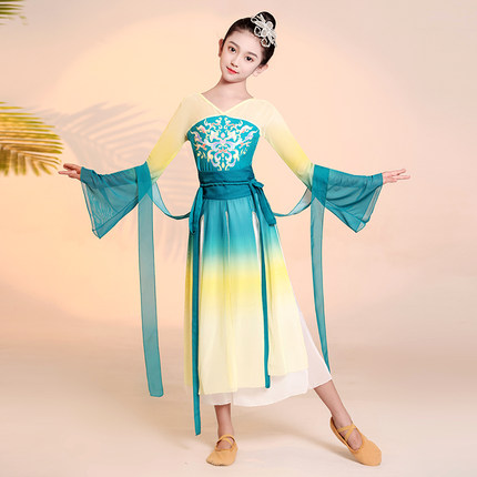 儿童古典舞演出服飘逸纱衣女童舞蹈敦煌服扇子舞中国舞汉服表演服