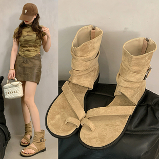 套趾后拉鏈平跟羅馬涼鞋 夾趾涼靴女2025夏季 時尚 褲 新款 管靴堆堆靴