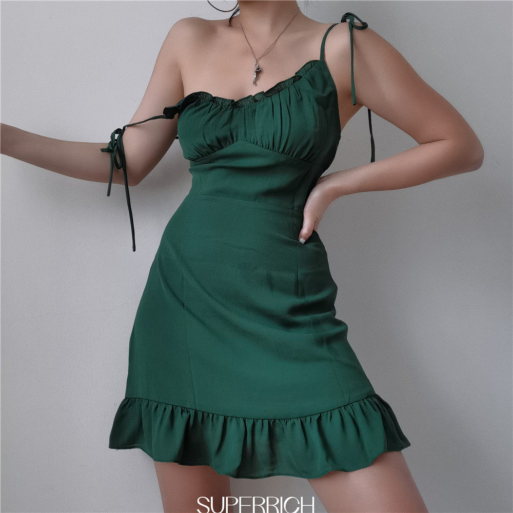 sup法式绿仙子性感肩部系带木耳边绿色连衣裙收腰短裙a字吊带裙女
