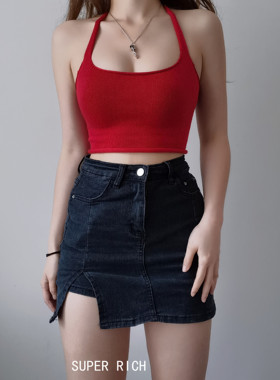 美式BM复古红色针织挂脖短款露脐紧身背心修身露背上衣内搭外穿女