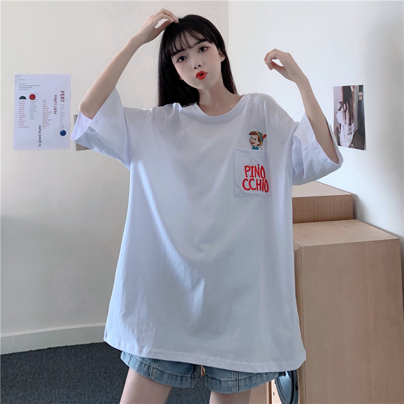 Real shot hong kong style Japanese pocket embroidery short sleeve T-shirt women's loose size Korean version chaoyuansufeng half sleeve top