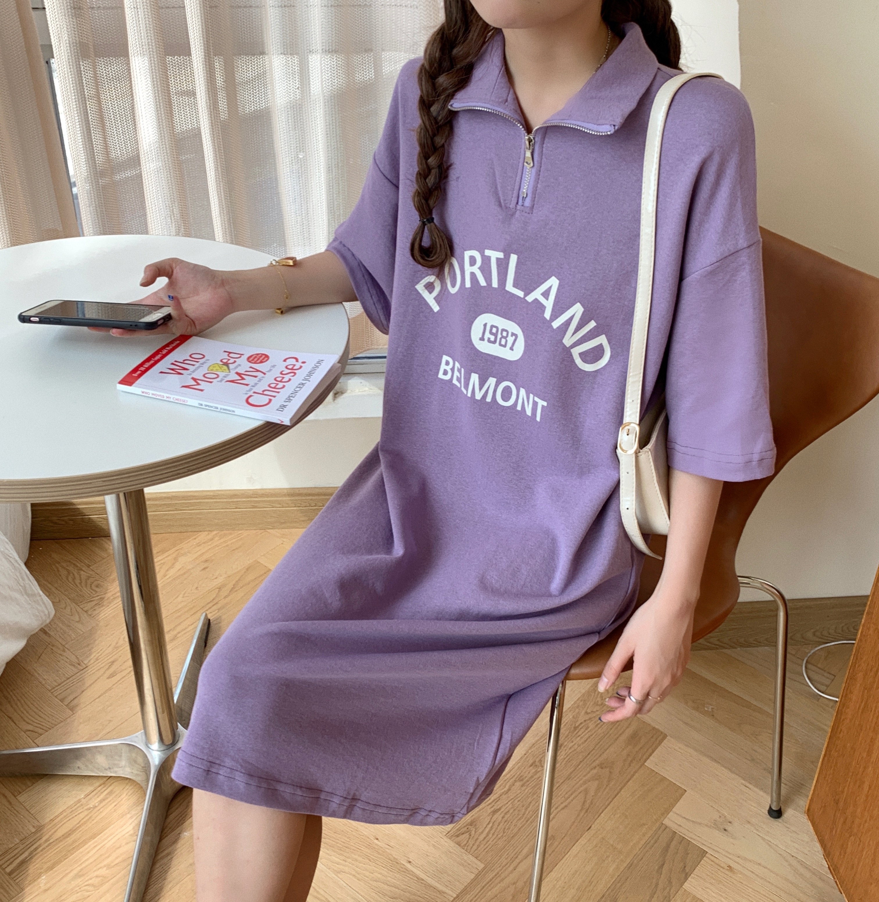 Mid length over knee short sleeve T-shirt women's summer loose print top dress fashion