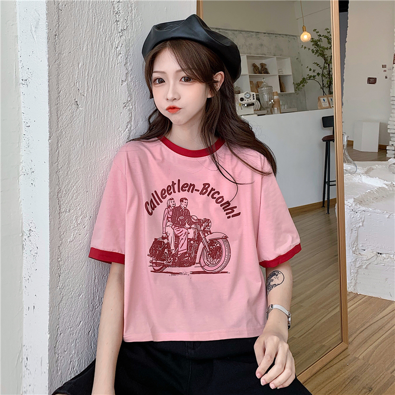 Real shot American style retro Hong Kong Style Short Sleeve T-Shirt women's loose Korean versatile fashion Harajuku style half sleeve top