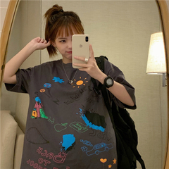 Real shot hong kong style retro T-shirt summer loose graffiti print short sleeve original night style inside with bottom coat