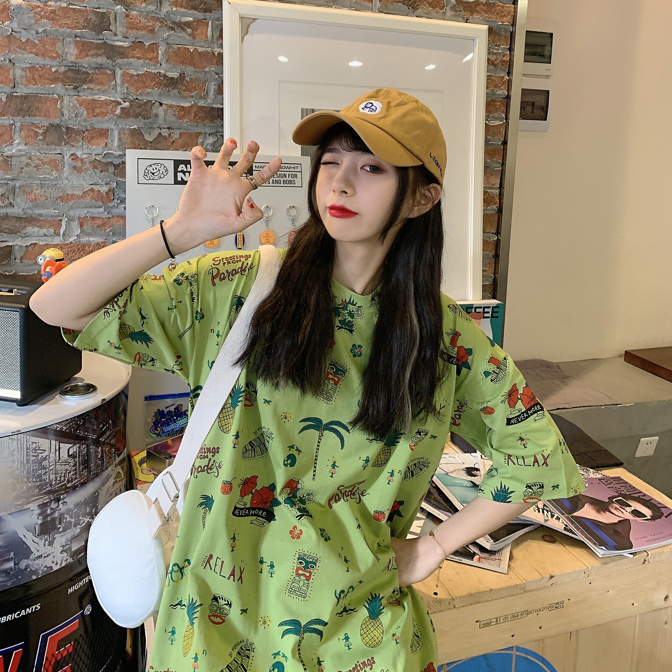 Real shooting summer new loose fruit print short sleeve T-shirt women's Korean versatile half sleeve casual T-shirt trend