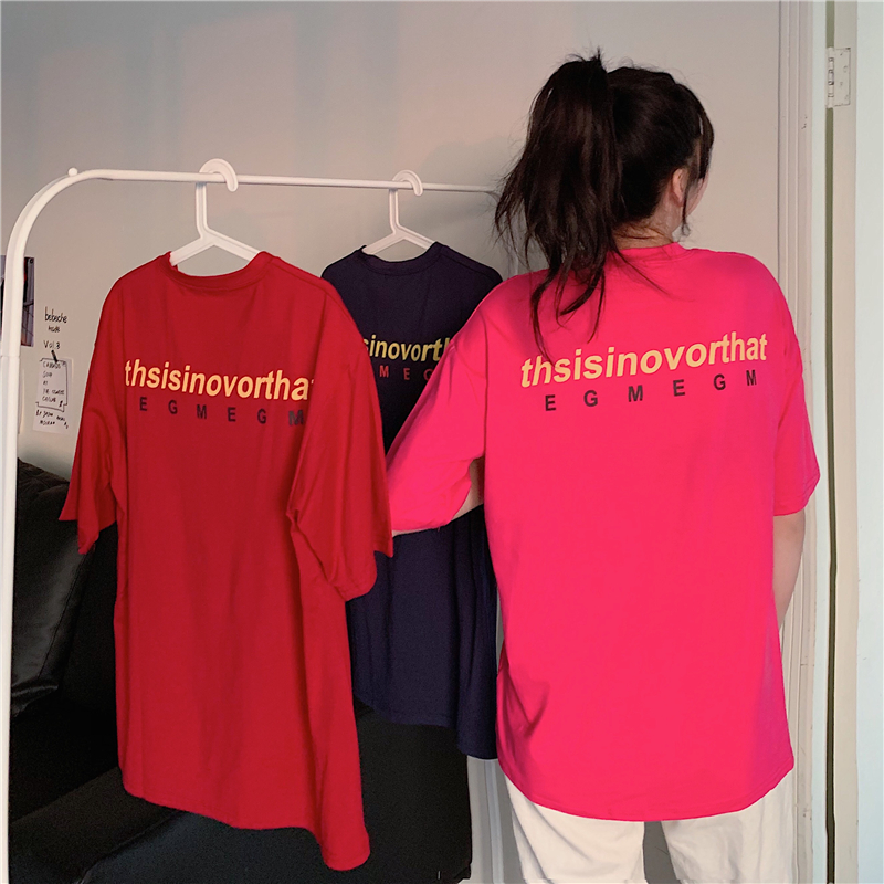 Real T-shirt short sleeve new rose red loose medium long letter print student half sleeve top summer