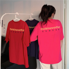 Real T-shirt short sleeve new rose red loose medium long letter print student half sleeve top summer