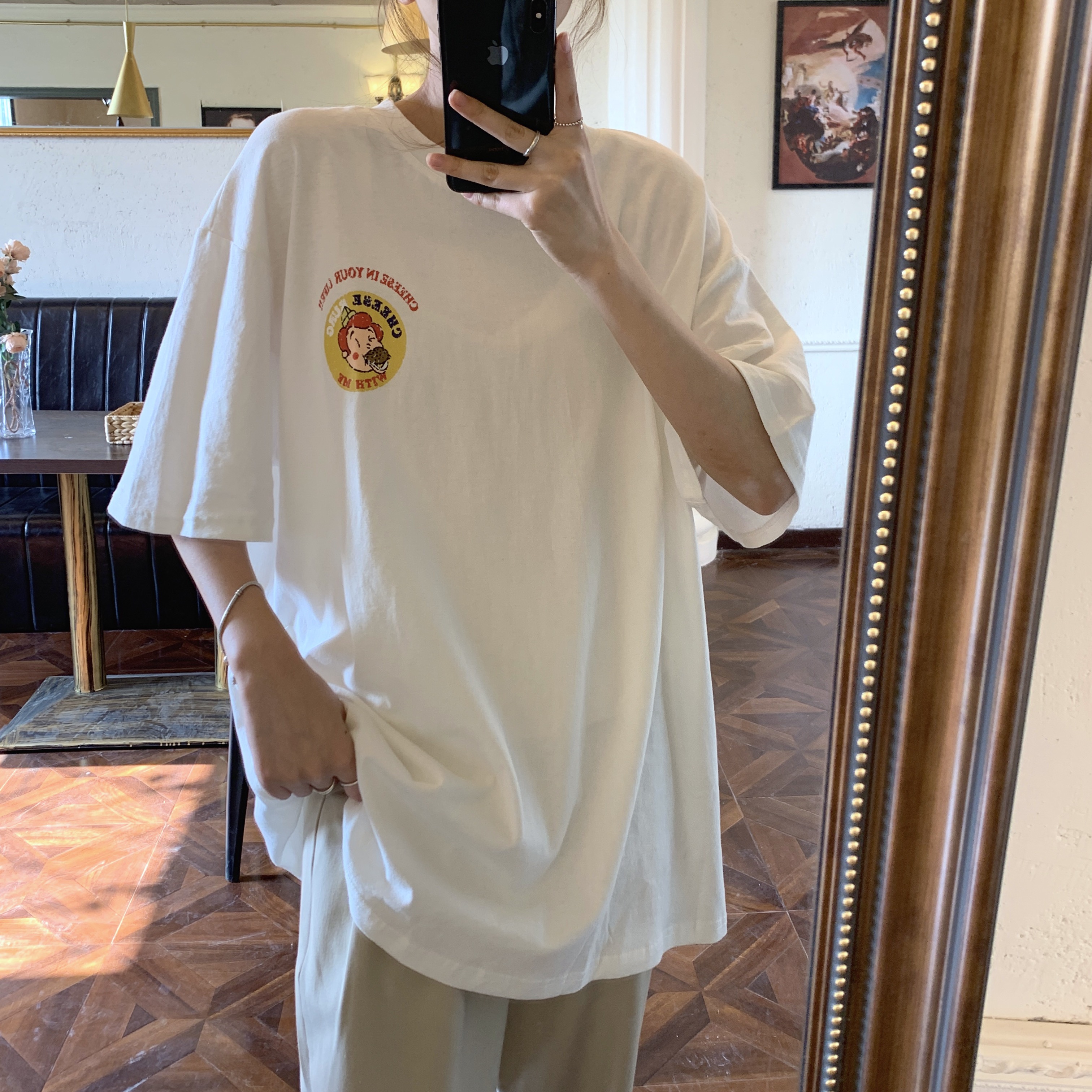 實拍夏季新款短袖恤女超火中長款寬鬆慵懶塌肩上衣設計感小眾