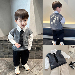 男童领带翻领衬衫春秋新款儿童开扣假两件马甲上衣洋气韩版衣服潮