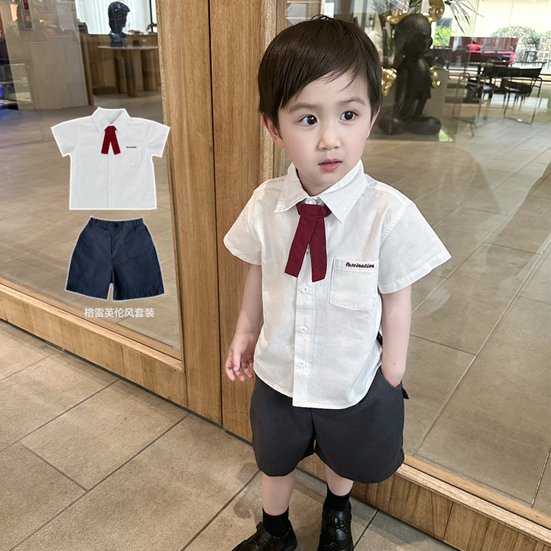 2025夏季新款韩系儿童洋气格雷学院风短袖衬衫短裤两件套男童套装