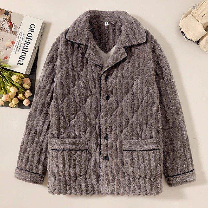 新款冬季单件睡衣男士三层珊瑚绒夹棉加厚保暖家居服上衣翻领开衫