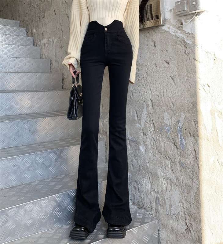 BLACK FLARED JEANS WOMENS 2024 AUTUMN NEW HONG KONG STYLE SMALL MAN INTERNET CELEBRITY HIGH-WAISTED SLIM NICHE HORSESHOE PANTS