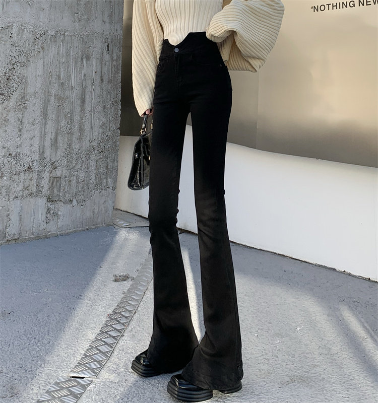 BLACK FLARED JEANS WOMENS 2024 AUTUMN NEW HONG KONG STYLE SMALL MAN INTERNET CELEBRITY HIGH-WAISTED SLIM NICHE HORSESHOE PANTS