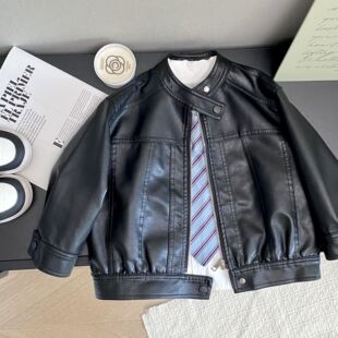 男童加绒皮衣外套冬季2025新款痞帅儿童加厚夹克立领中大童PU皮潮