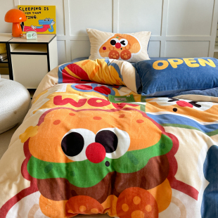 汉堡包 ins卡通少女心牛奶绒床上四件套秋冬保暖珊瑚绒学生3件套