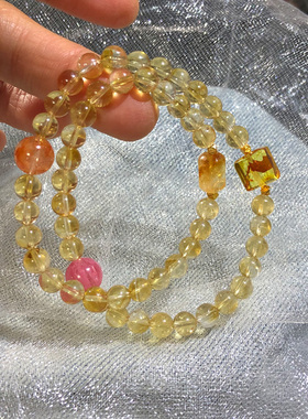 天然巴西黄水晶手串双圈花珀招财