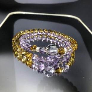 五行补火土天然紫水晶手链设计款女东海双圈多层多宝白黄水晶手串