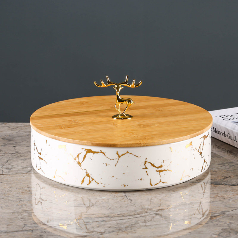 北欧陶瓷客厅过年坚果盘分格带盖创意轻奢糖果水果盘干果盘零食盘