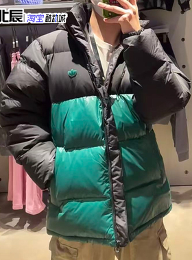 Adidas三叶草男女款拼接羽绒服外套保暖防风连帽加厚面包服IU4777