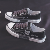 小众设计小熊刺绣帆布鞋 女2026新款 韩版 男女款 学生百搭板鞋 子女潮