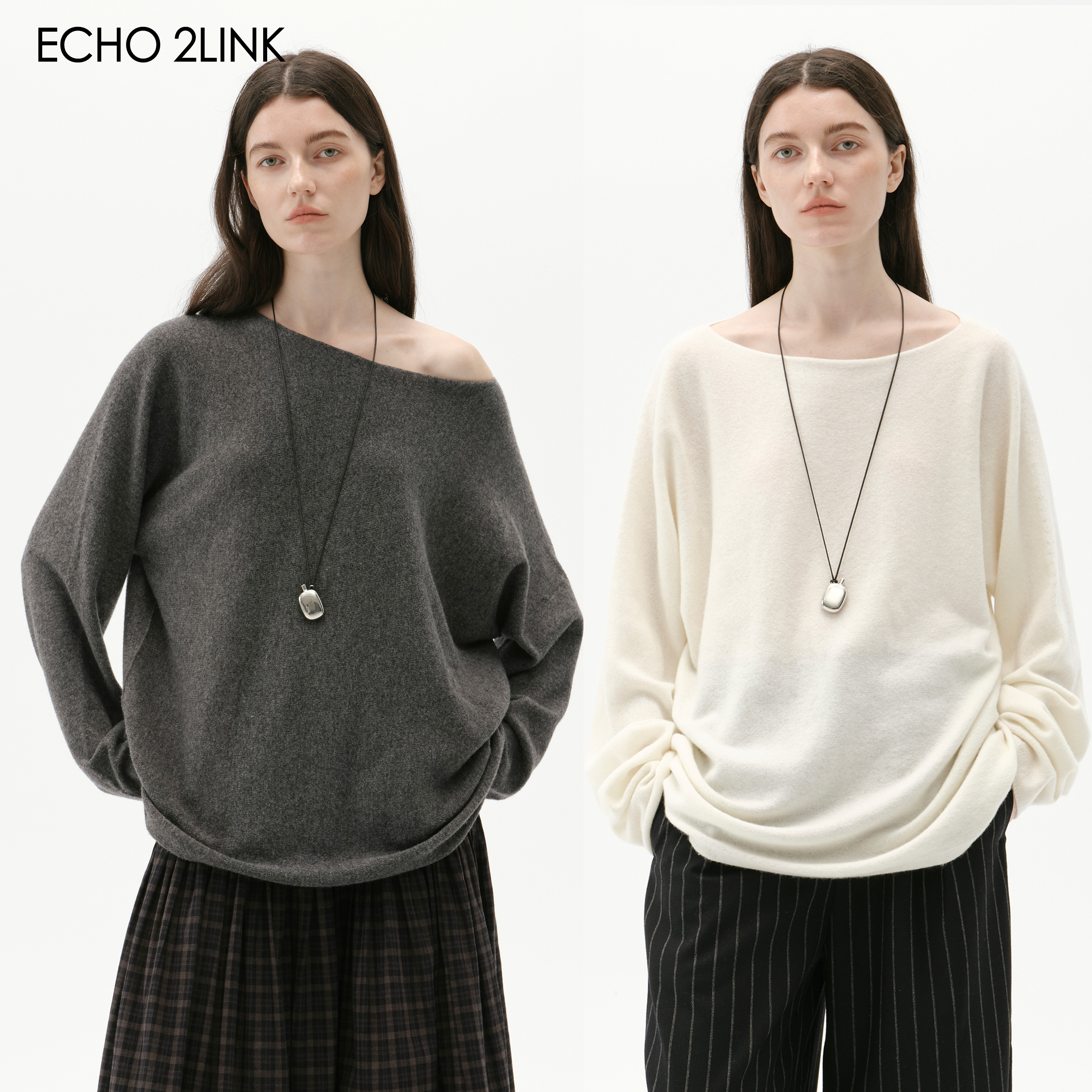 2LINKS｜长袖针织衫两穿斜肩/正穿 宽松慵懒秋冬羊毛上衣