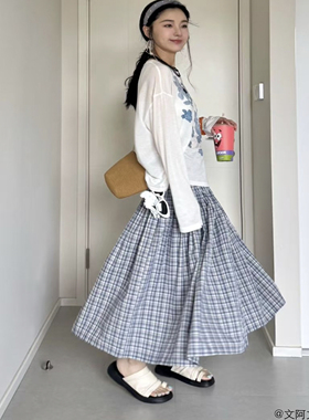 2LINKS｜ 蓝白色格纹 棉感 抽褶 复古半身裙