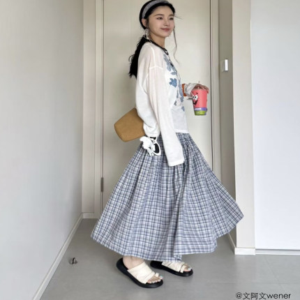 2LINKS｜ 蓝白色格纹 棉感 抽褶 复古半身裙