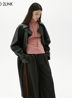 2LINKS｜日本进口灯芯绒条纹 定染pu皮 大翻领廓形 系带风衣 大衣