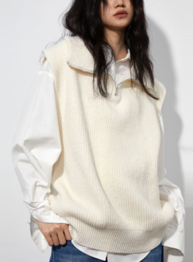 2LINKS 米色针织拉链马甲背心 中性慵懒风套头毛衣 百搭女上衣