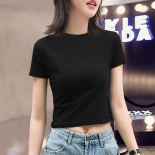 潮 ins新款 2025夏短款 黑色t恤女短袖 露脐上衣服紧身高腰漏肚脐修身