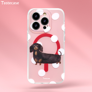 Tastecase粉色波点腊肠狗磁吸手机壳适用苹果iPhone16ProMax 原创腊肠犬全包防摔保护壳 15Pro磨砂保护壳新款